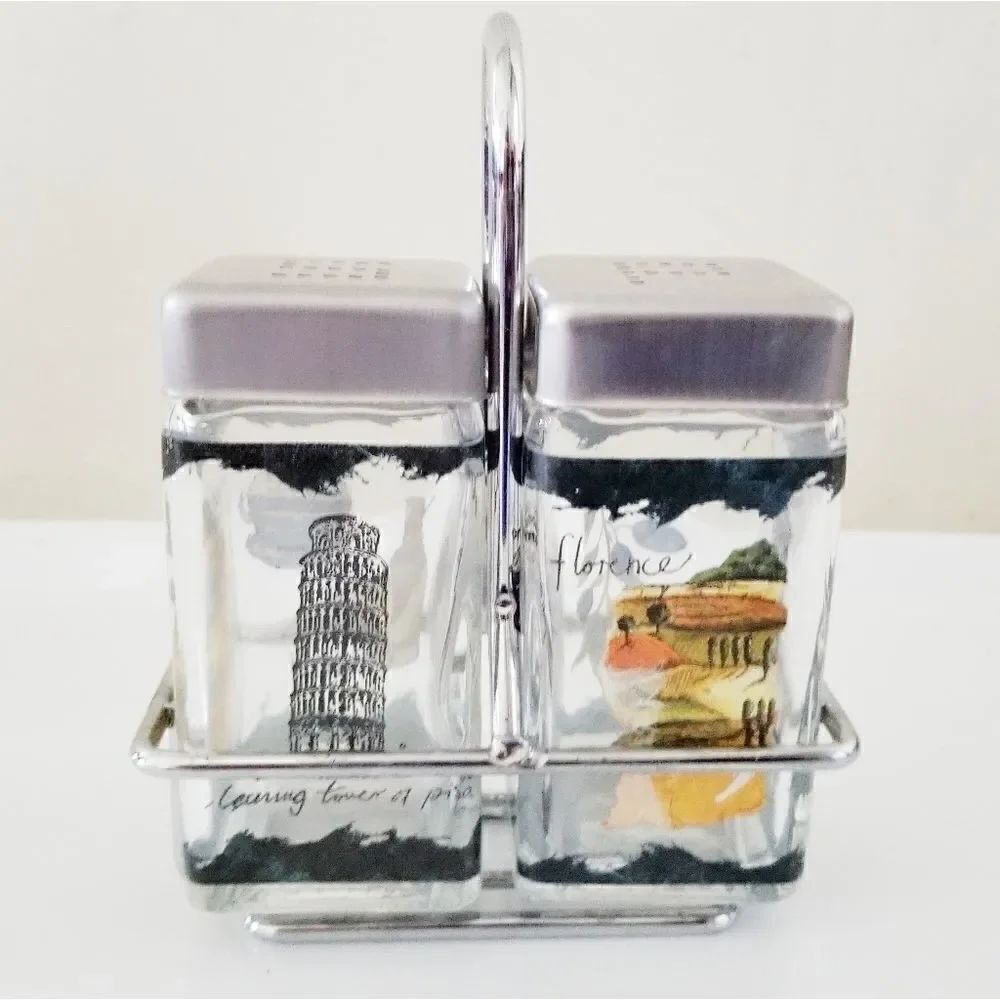 Italy salt and pepper shakers with caddy